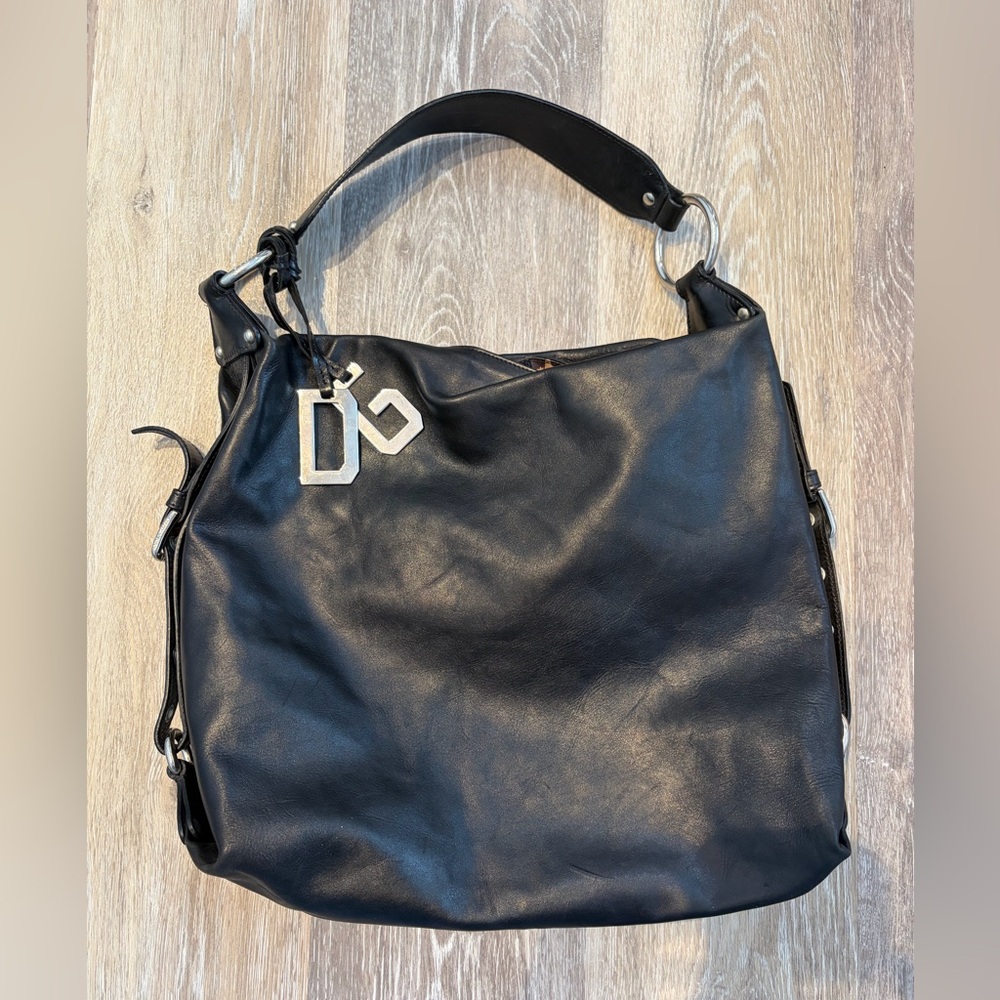 Vintage Dolce & Gabbana Black Leather Shoulder Bag with Silver D & G Pendants